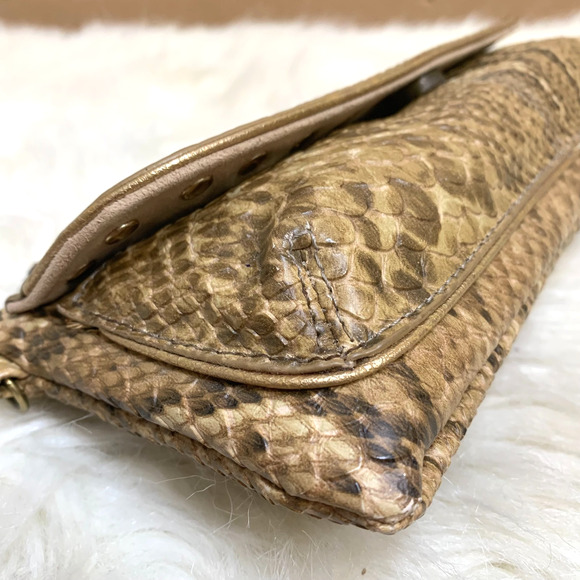 KATHY VAN ZEELAND Olive & Gold Snakeskin Embossed Studded Vintage Flap Clutch/XB - Picture 11 of 13